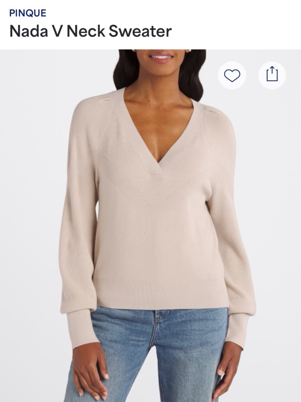 Women’s V-Neck Knit Sweater - Beige - PINQUE - Picture 2 of 8